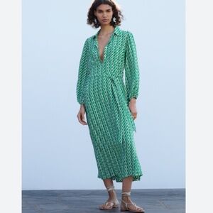 Zara Green Geometric Long Sleeve Dress
